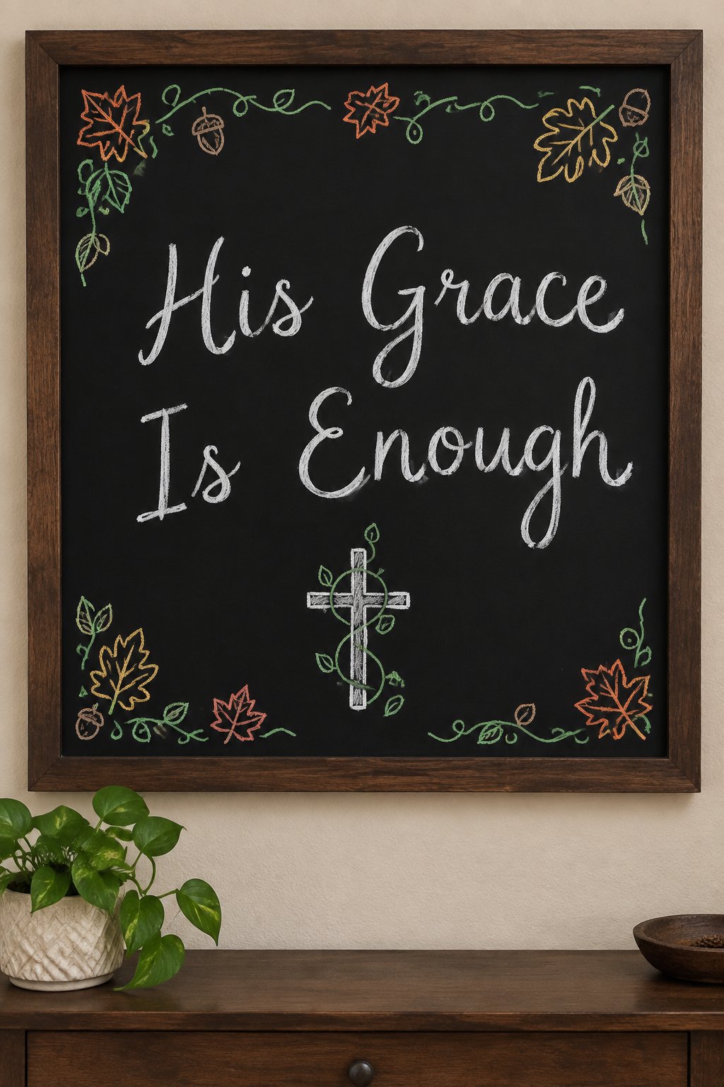 Grace in Every Season: a fall chalkboard sign reading "His Grace Is Enough", hand-drawn in chalk with a small cross wrapped in a curling vine of leaves, no people.