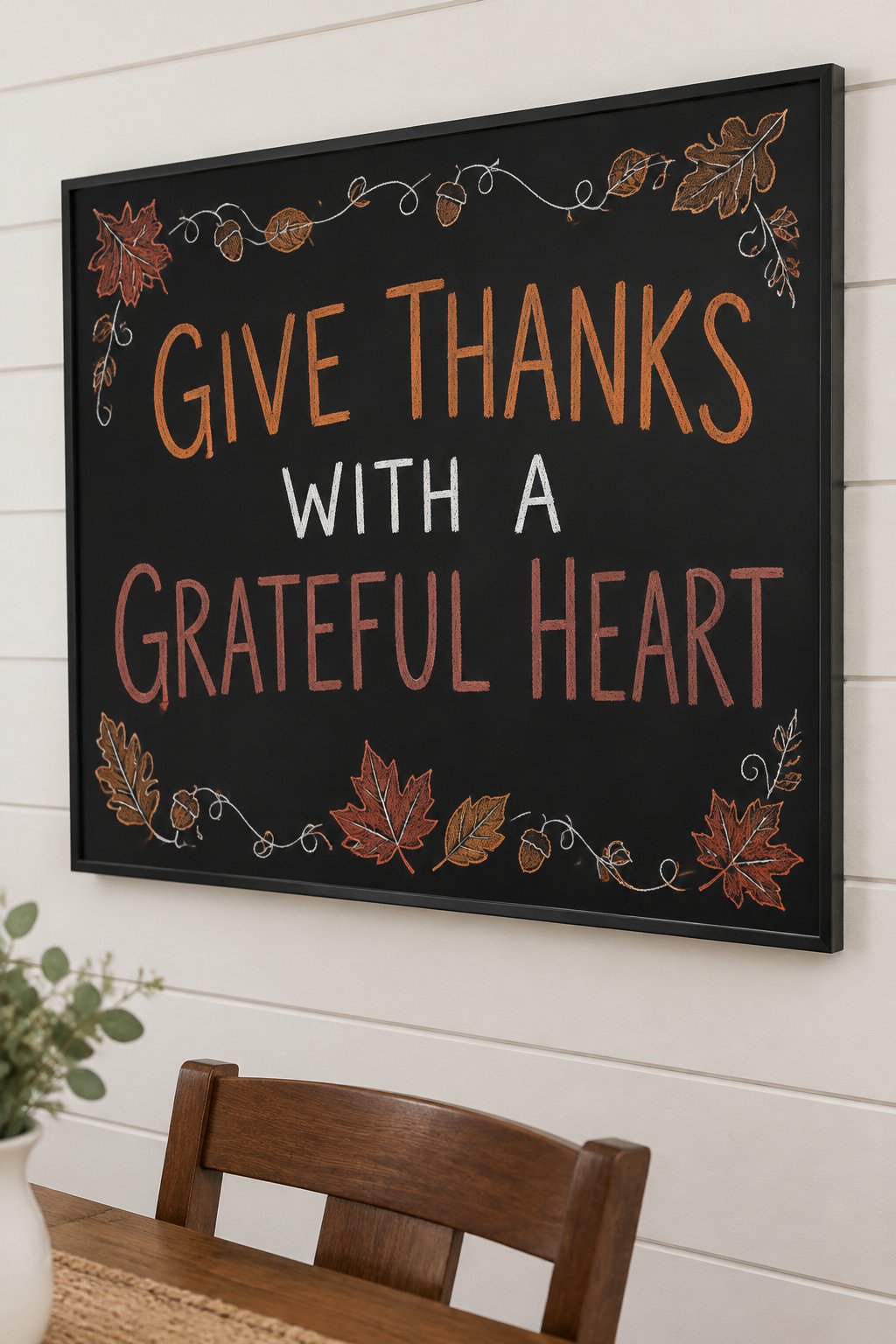 Grateful Heart Board: a fall chalkboard sign reading "Give Thanks with a Grateful Heart" surrounded by autumn leaves, no people.