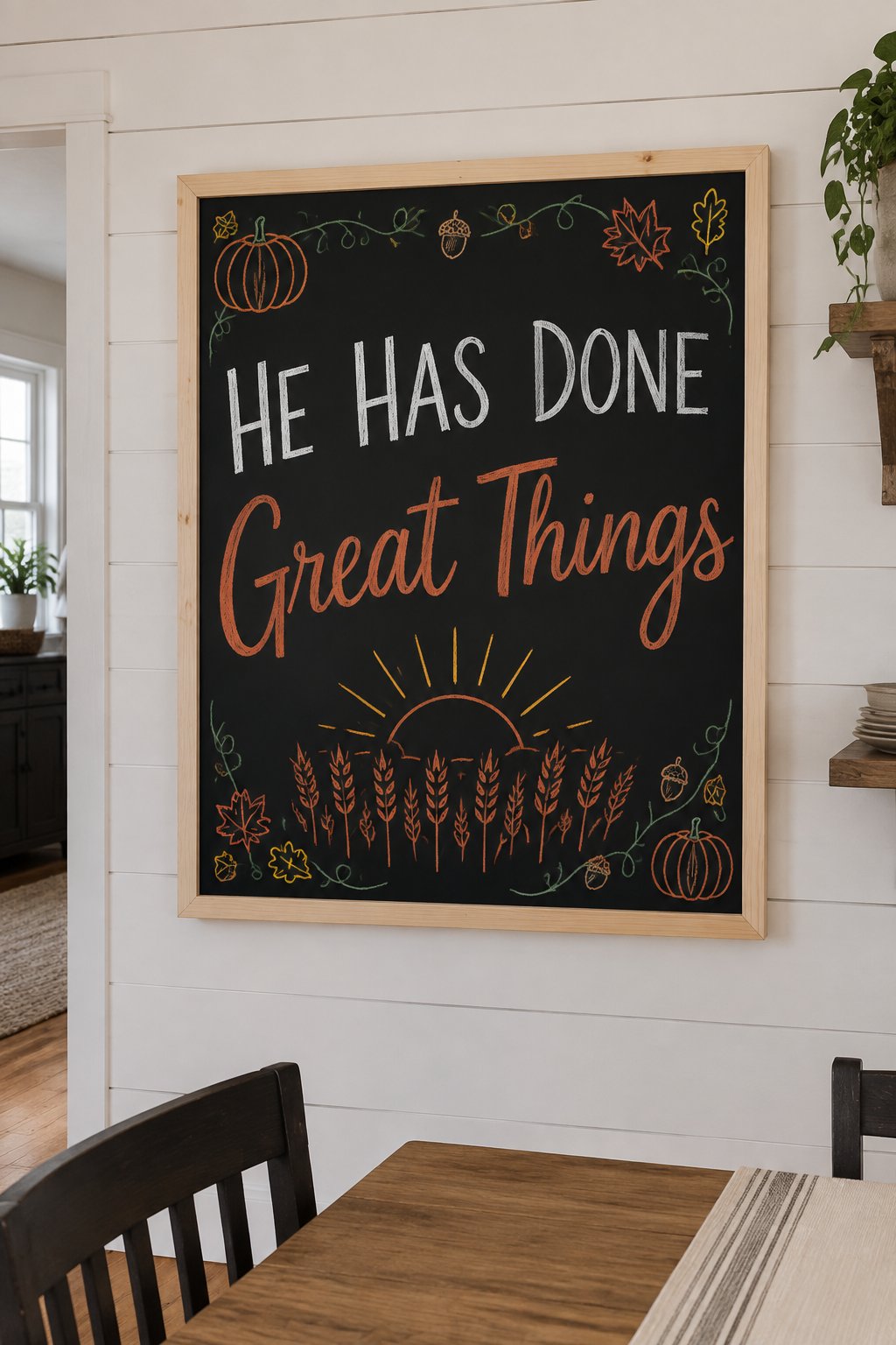 Great Things Board: a framed Thanksgiving chalkboard sign reading "He Has Done Great Things", hand-drawn in chalk with a rising sun over a row of wheat stalks.