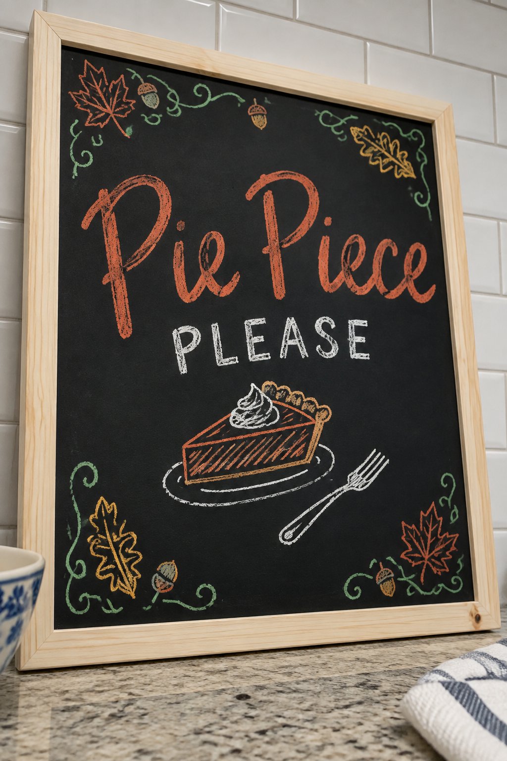 Kids' Pie Sign: a framed Thanksgiving chalkboard sign reading "Pie Piece Please", hand-drawn in chalk with a slice of pie with a fork resting beside it.