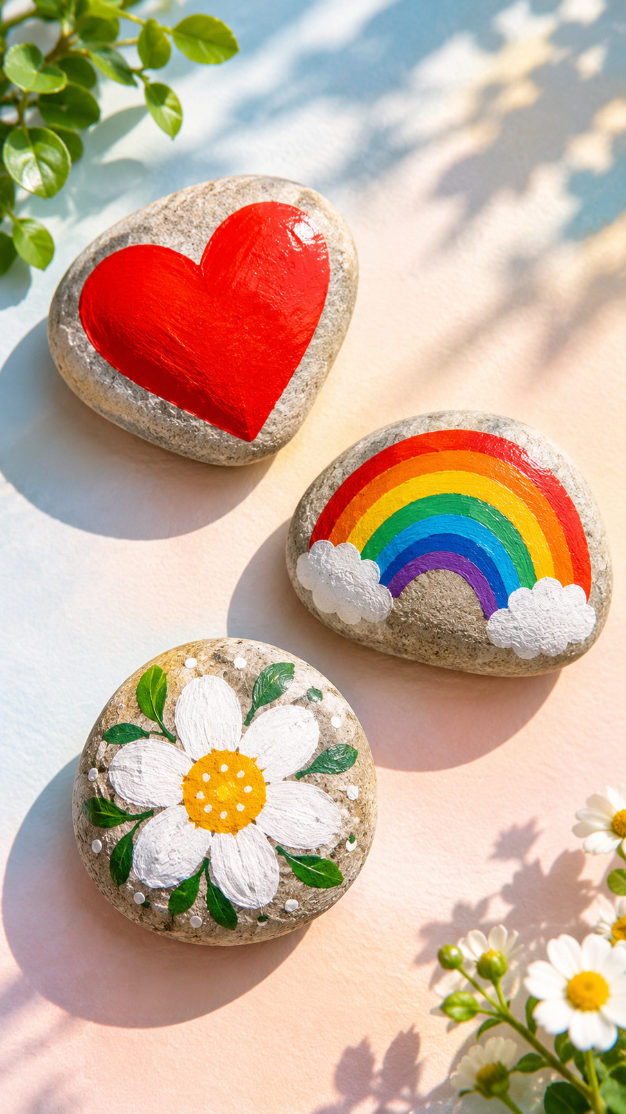 A painted love rock featuring two rosy birds beneath a red heart, with blue sky and green leaf details.