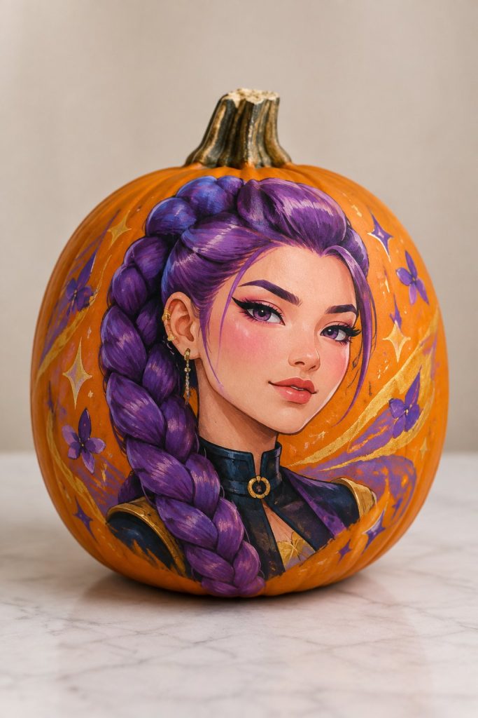 Purple Braid Pumpkin - kpop demon hunters pumpkin painting