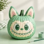 Mint Green Grin - labubu pumpkin painting