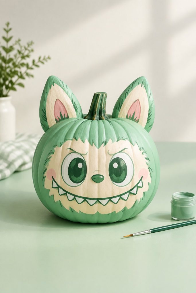 Mint Green Grin - labubu pumpkin painting