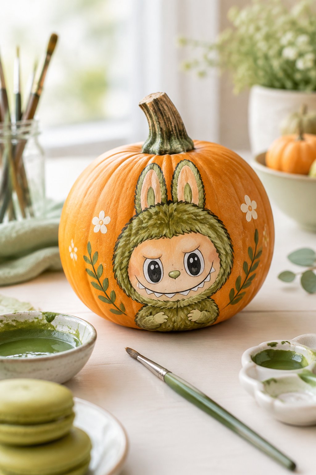 Matcha Macaron Shell - labubu pumpkin painting