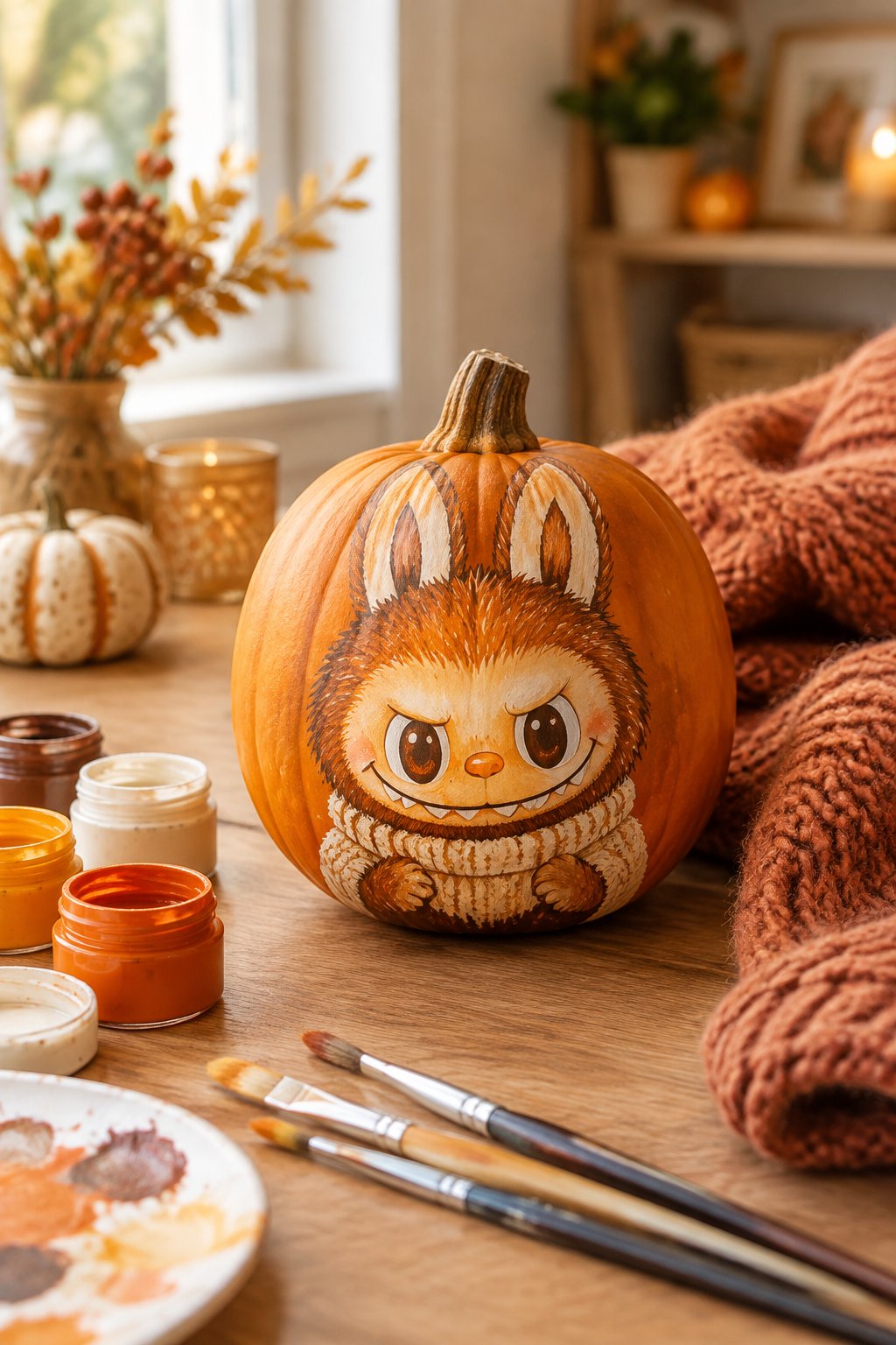 Cozy Sweater Wrap - labubu pumpkin painting