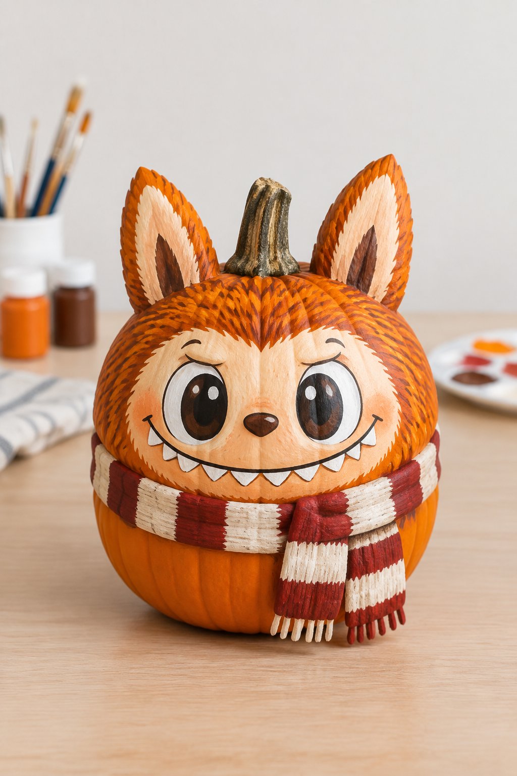 Striped Scarf and Grin - labubu pumpkin painting