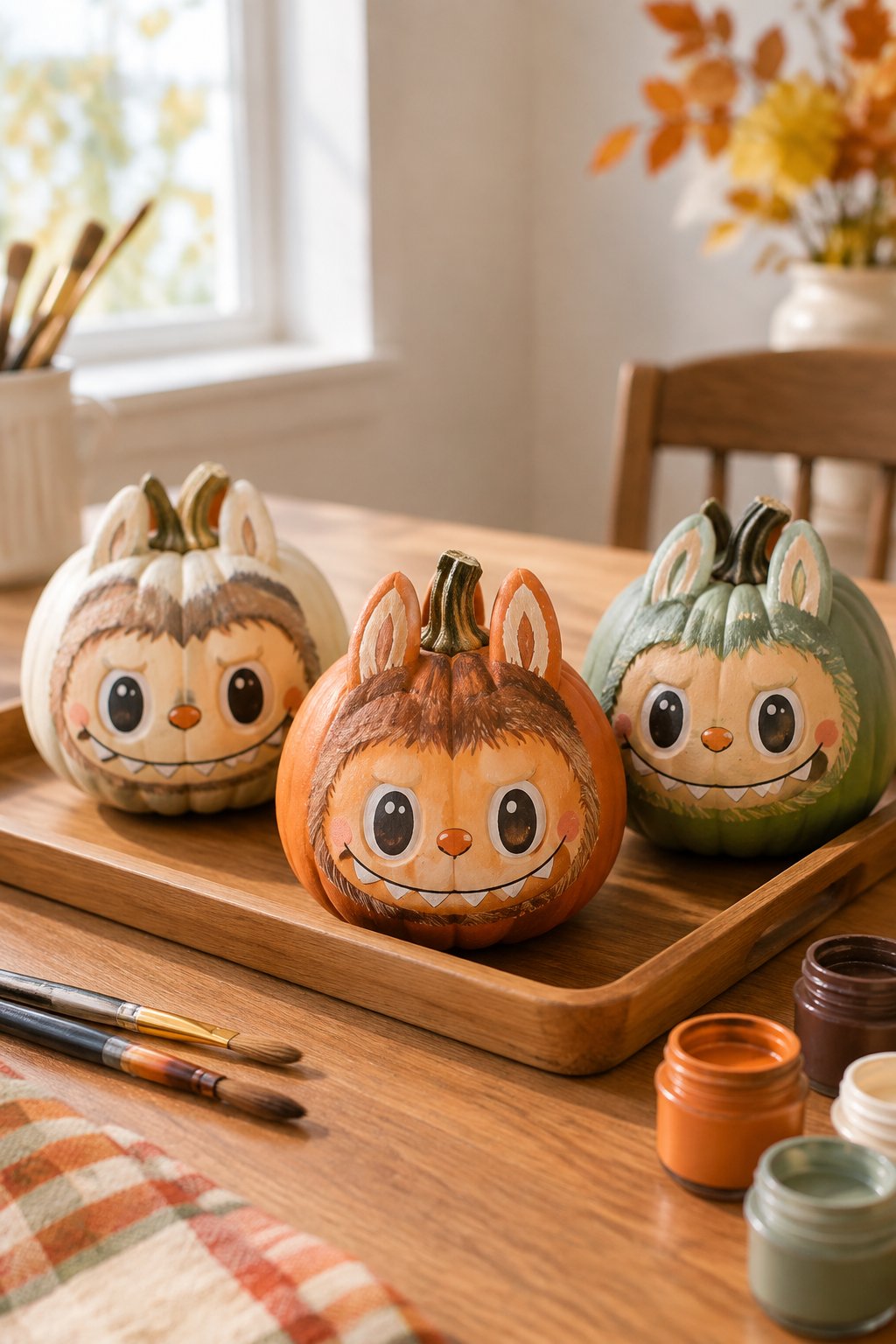 Trio on a Tray - labubu pumpkin painting