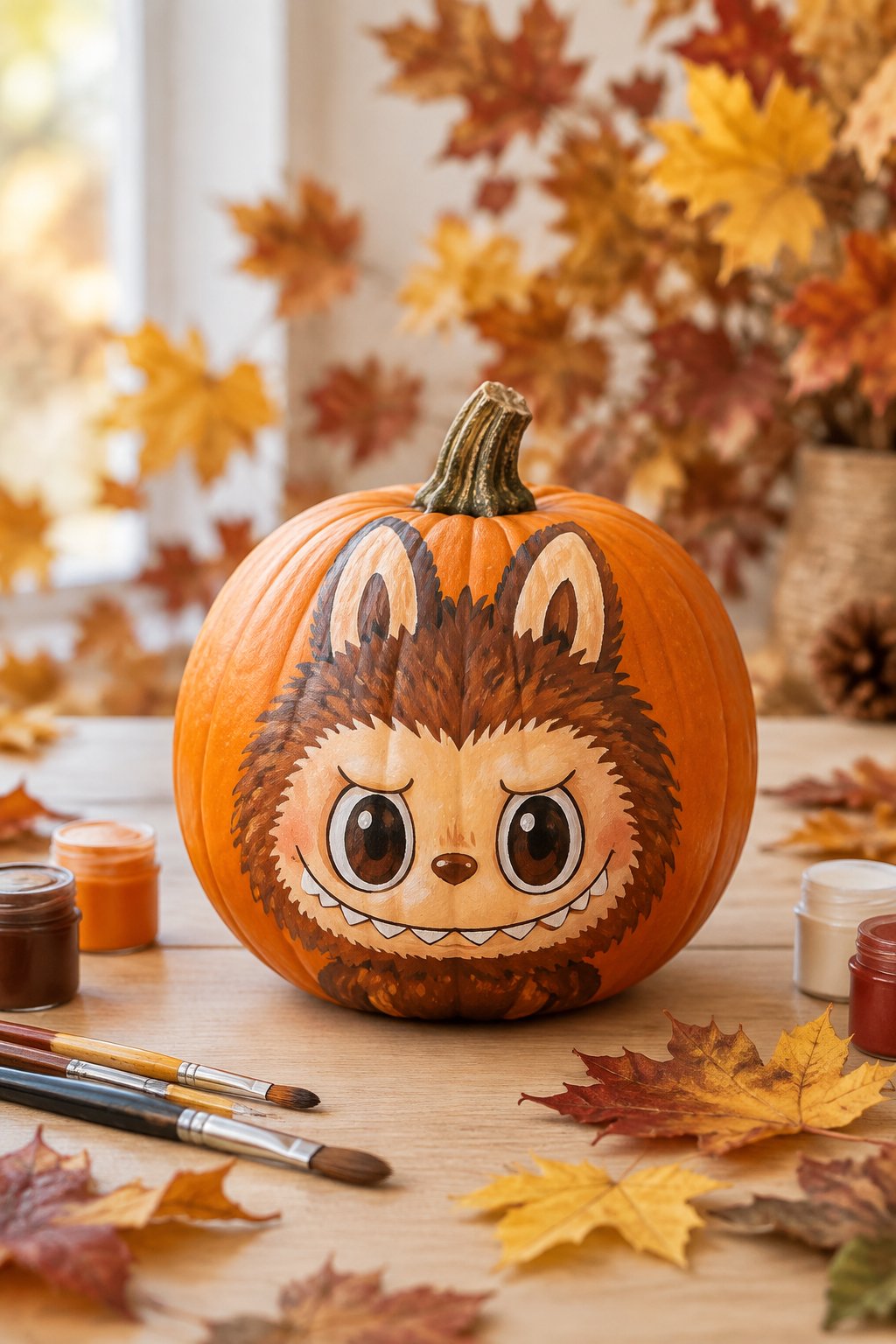 Falling Leaf Backdrop Face - labubu pumpkin painting