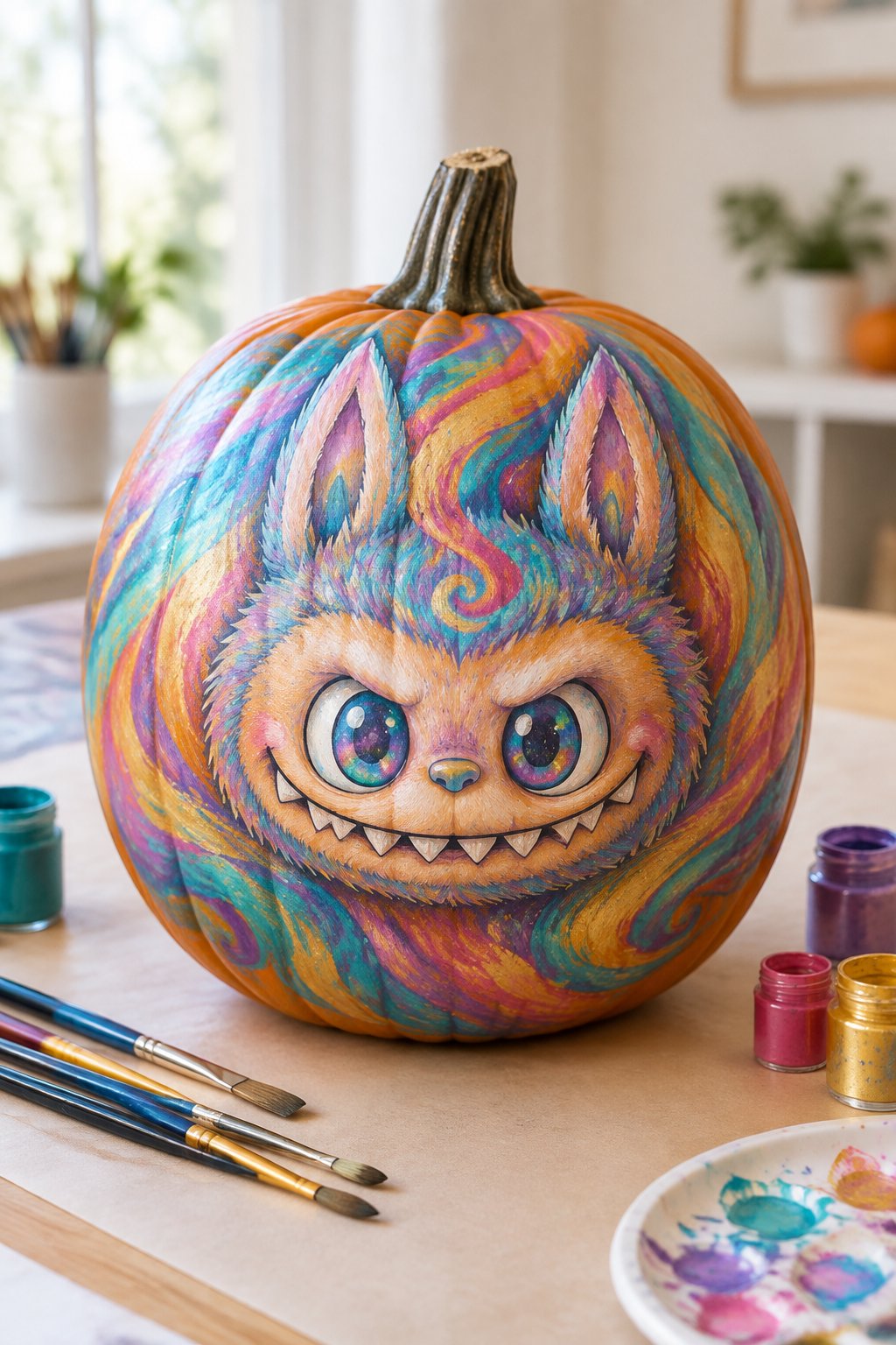 Iridescent Swirl Face - labubu pumpkin painting