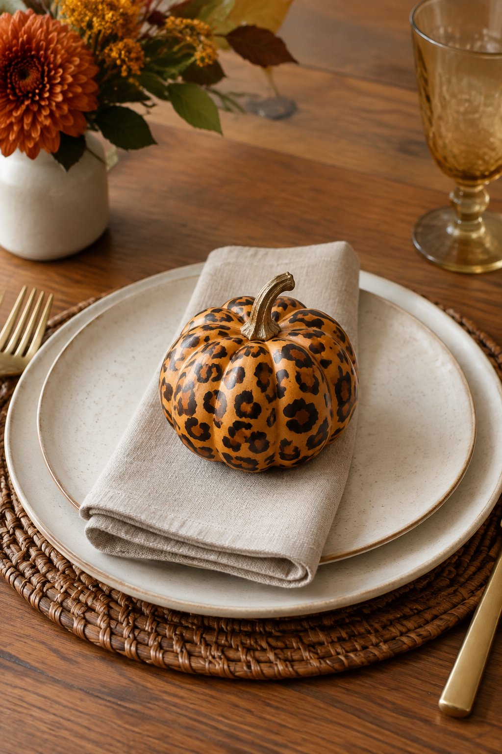 Mini Leopard Place Setting - leopard painted pumpkin