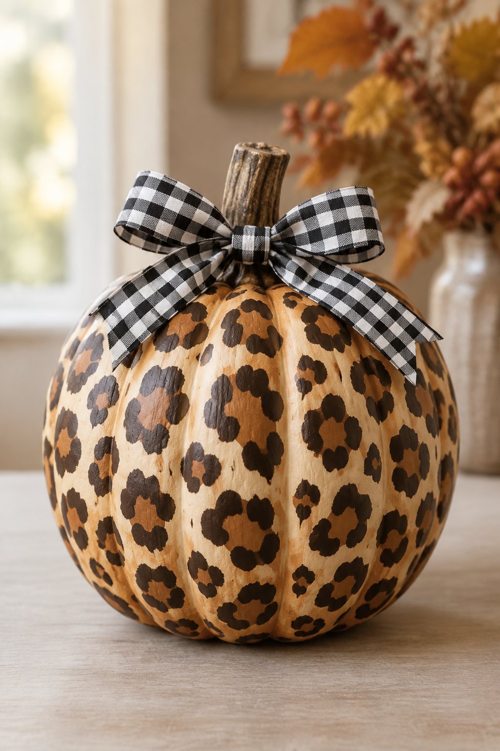 Gingham Trim Leopard Pumpkin - leopard painted pumpkin