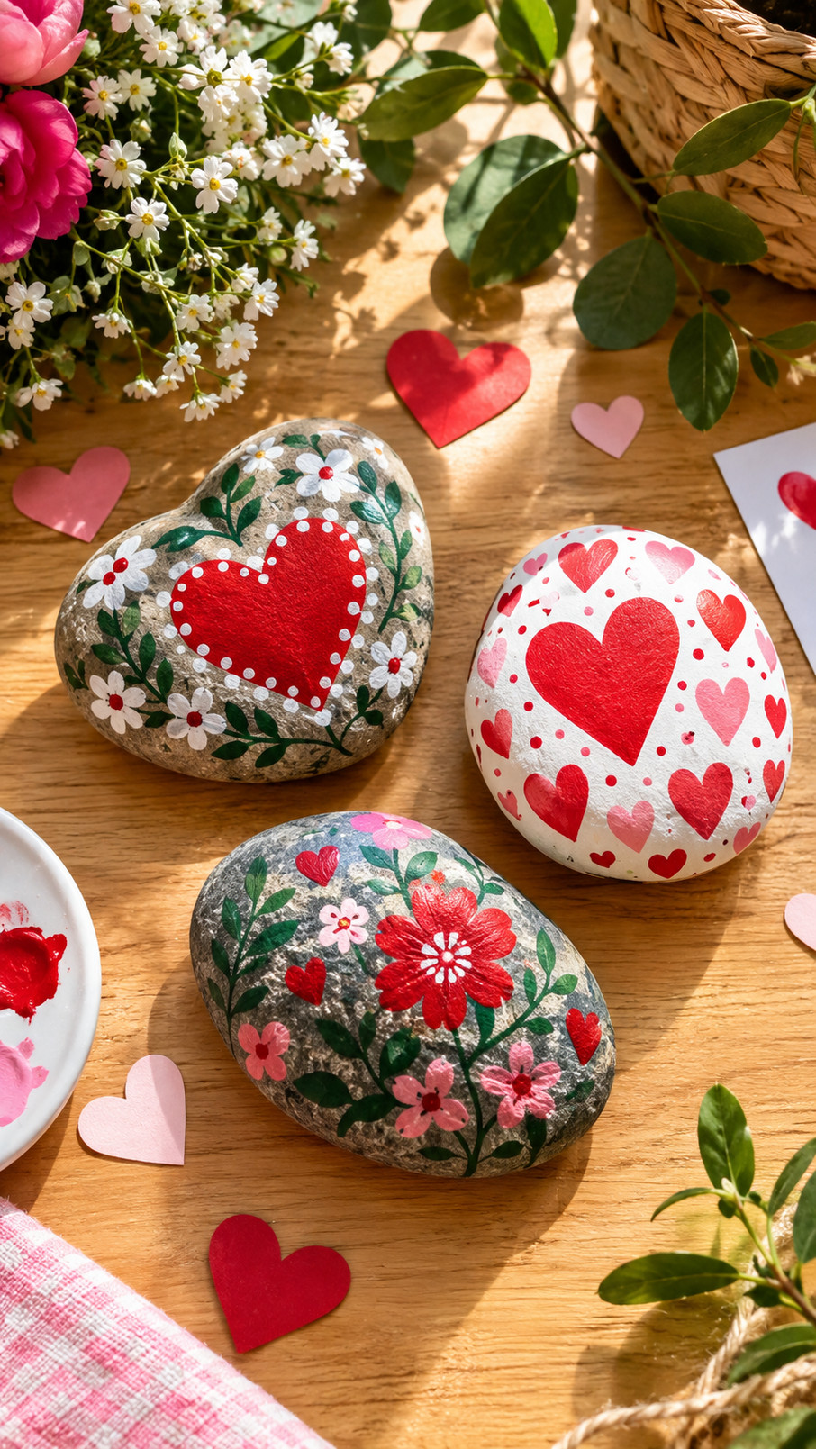 Photo of red and white love letter heart-painted rocks arranged as charming Valentine’s Day decorations.