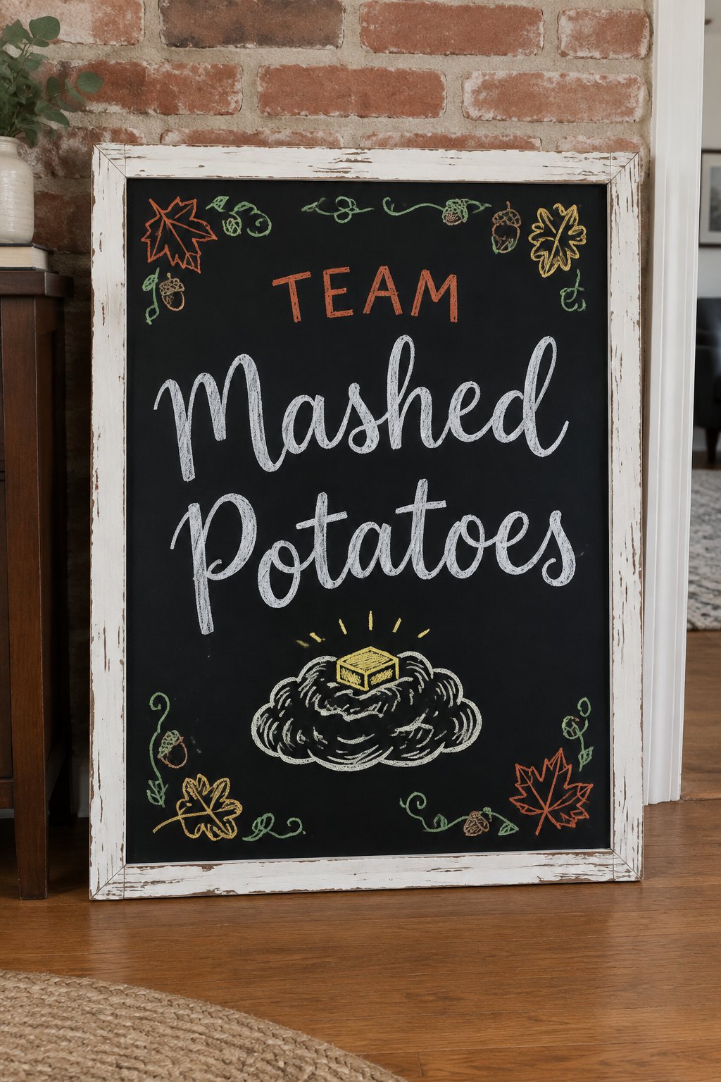 Mashed Potato Team: a framed Thanksgiving chalkboard sign reading "Team Mashed Potatoes", hand-drawn in chalk with a mound of mashed potatoes with a small pat of butter on top.