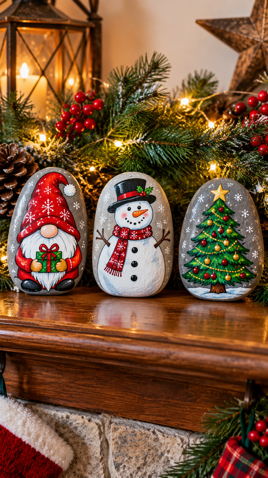 Painted Christmas rock featuring green mistletoe leaves, red berries, and a cheerful holiday greeting.