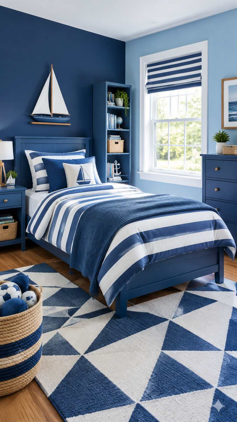 A boy's bedroom featuring nautical blue wallpaper with waves and sailboats, crisp white bedding, and warm sandy wood accents.