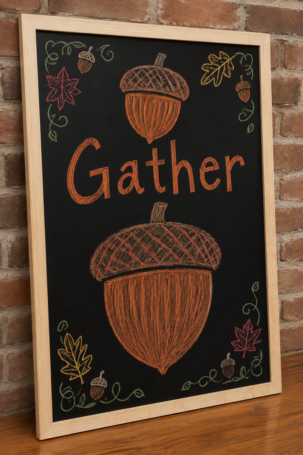 Oversized Acorn: a fall chalkboard sign reading "Gather", hand-drawn in chalk with one large acorn filling most of the board, bigger than the word, no people.