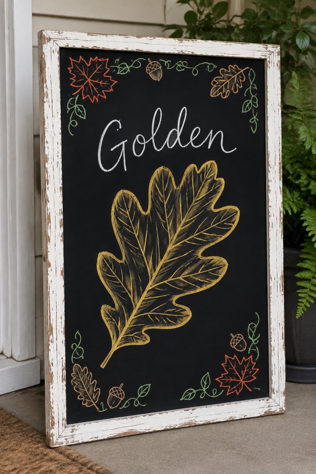 Oversized Oak Leaf: a framed Thanksgiving chalkboard sign reading "Golden", hand-drawn in chalk with one large oak leaf with detailed veins filling the center, bigger than the word.