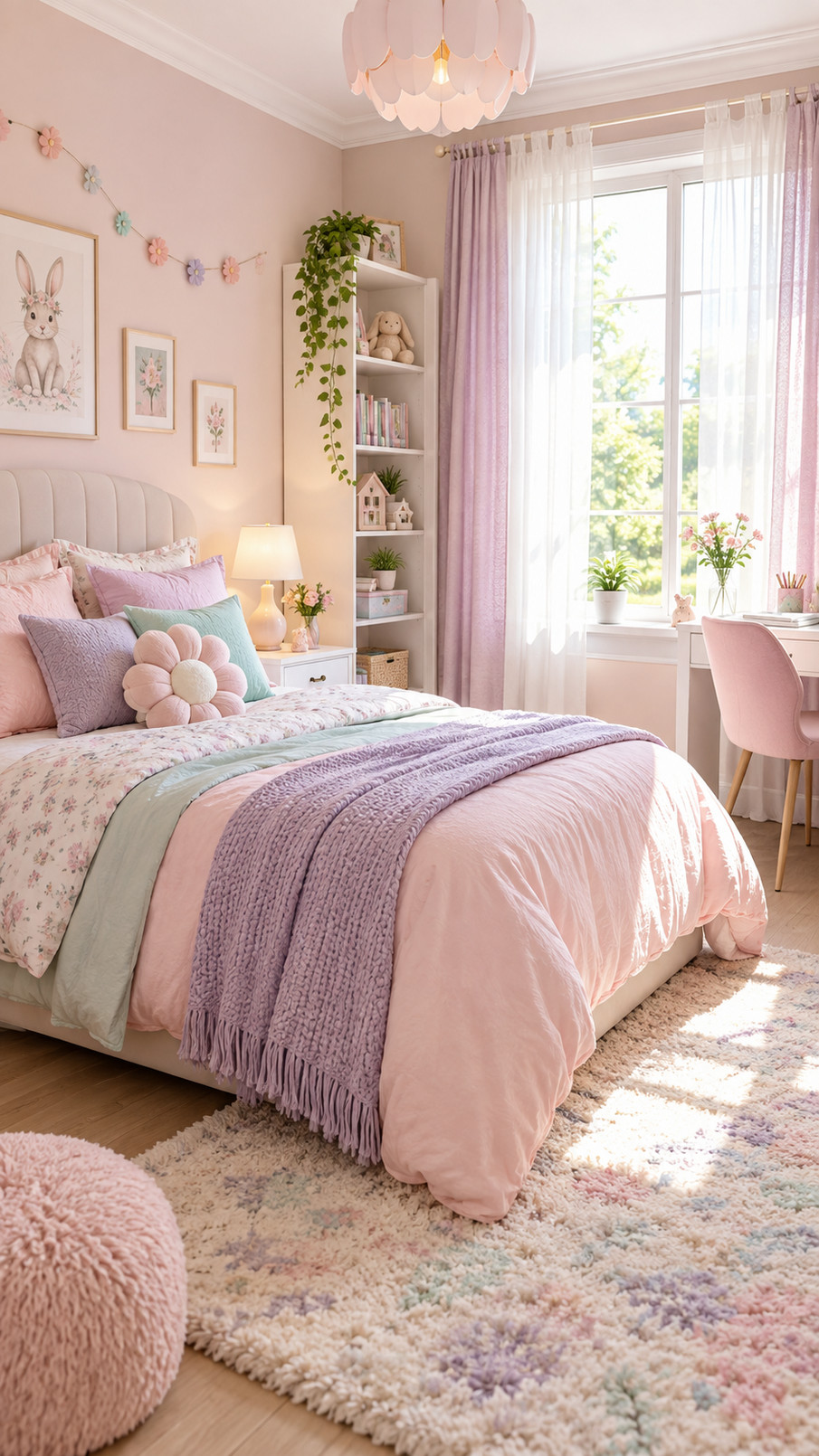A peach pendant light hangs above a pastel girl's bedroom, casting a warm rosy glow over the bed and surrounding decor.