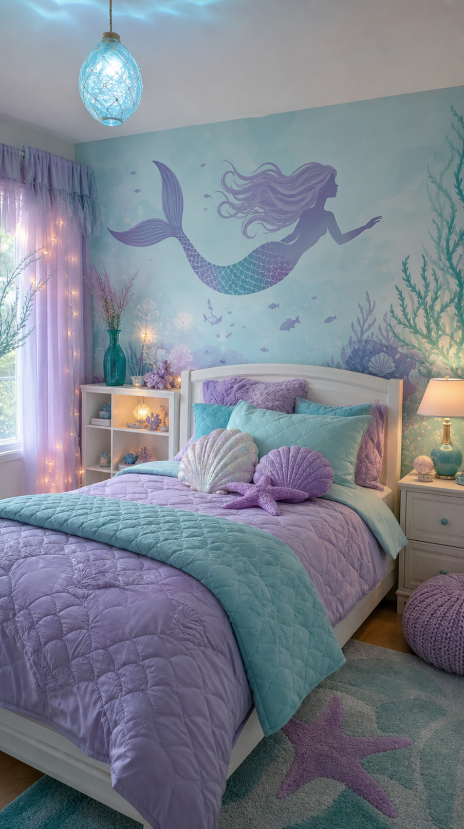 Pearl-inspired string lights glowing around a mermaid-themed child's bed in a colorful underwater bedroom.