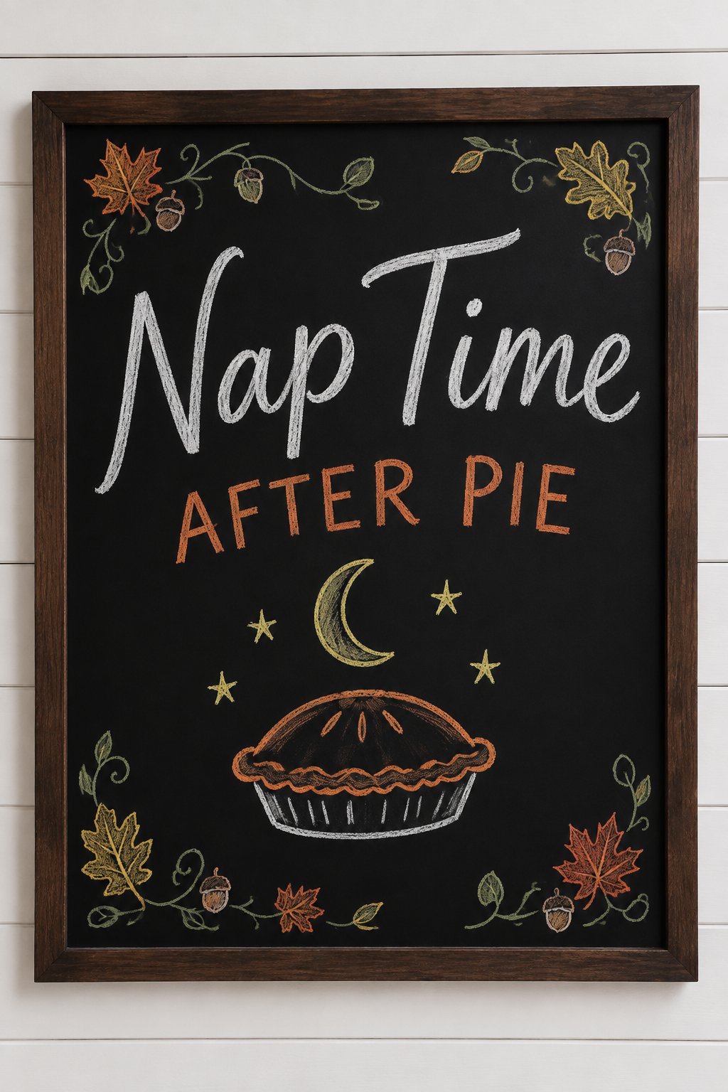 Pie Nap Sign: a framed Thanksgiving chalkboard sign reading "Nap Time After Pie", hand-drawn in chalk with a crescent moon and a few stars drawn above a whole pie.