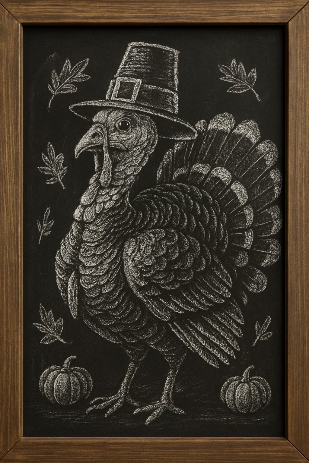 Pilgrim Turkey Sign: a fall chalkboard sign with a chalk-drawn turkey wearing a pilgrim hat, no people.