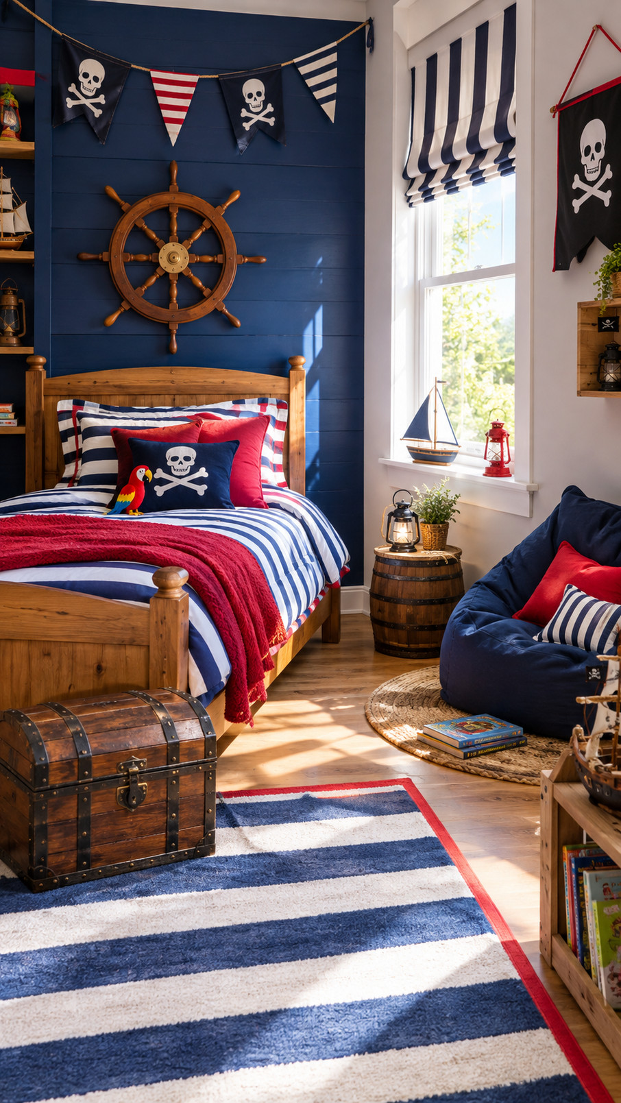 A round pirate porthole mirror with a wooden frame and ocean-blue accents hanging on a child's bedroom wall.