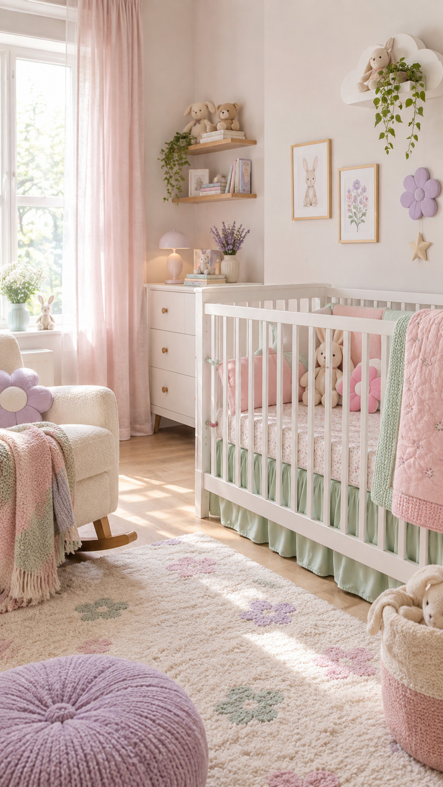 A soft pistachio green dresser styled with woven baskets and woodland nursery accents in a pastel baby room.