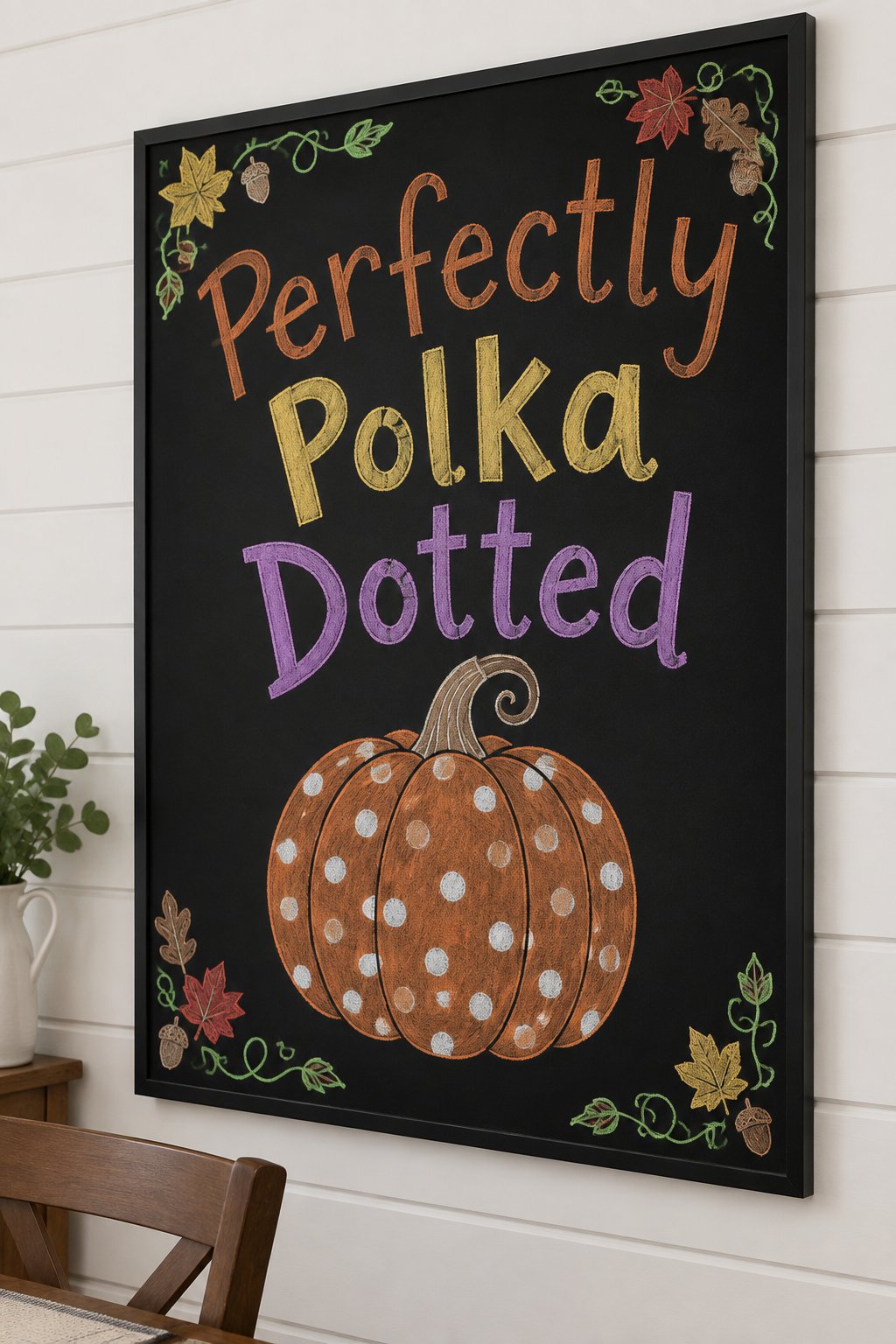 Polka Dot Pumpkin: a fall chalkboard sign reading "Perfectly Polka Dotted", hand-drawn in chalk with one large pumpkin covered in white polka dots with a curled stem, no people.