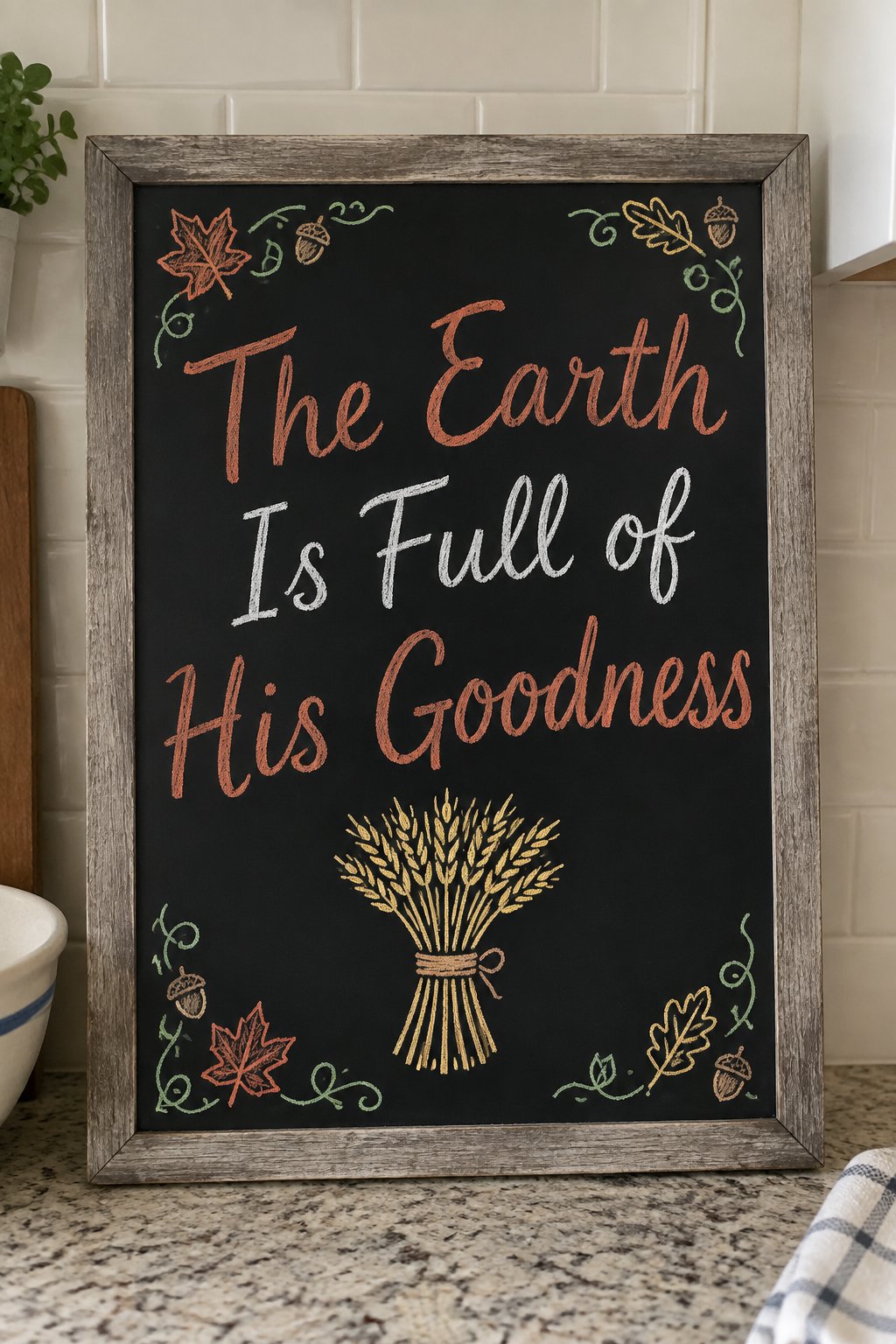 Psalm of Harvest: a fall chalkboard sign reading "The Earth Is Full of His Goodness", hand-drawn in chalk with a sheaf of wheat tied with twine, no people.