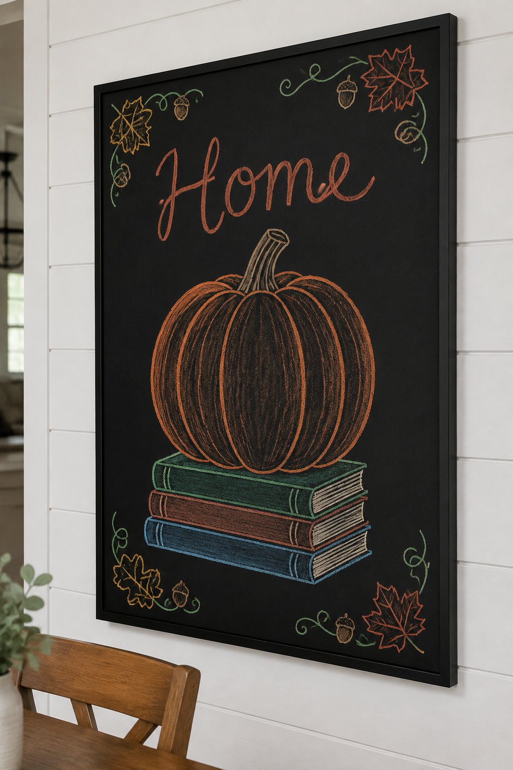 Pumpkin on Books: a framed Thanksgiving chalkboard sign reading "Home", hand-drawn in chalk with one large pumpkin sitting on a small stack of books, bigger than the word.