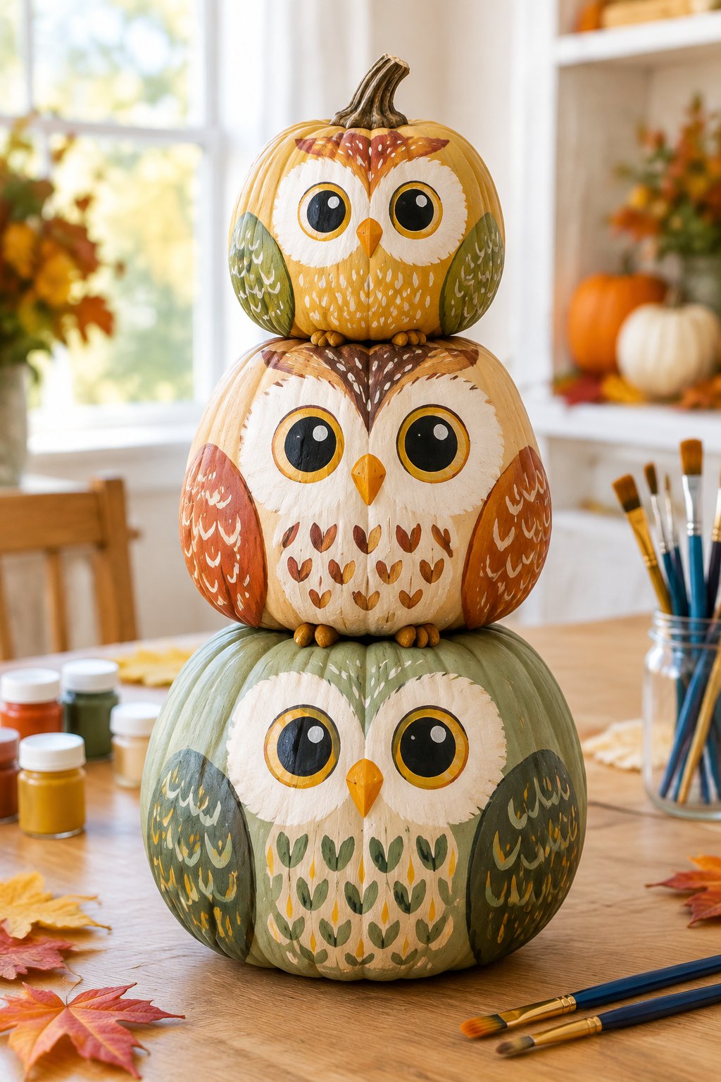 Stacked Owl Family - pumpkin painting contest ideas