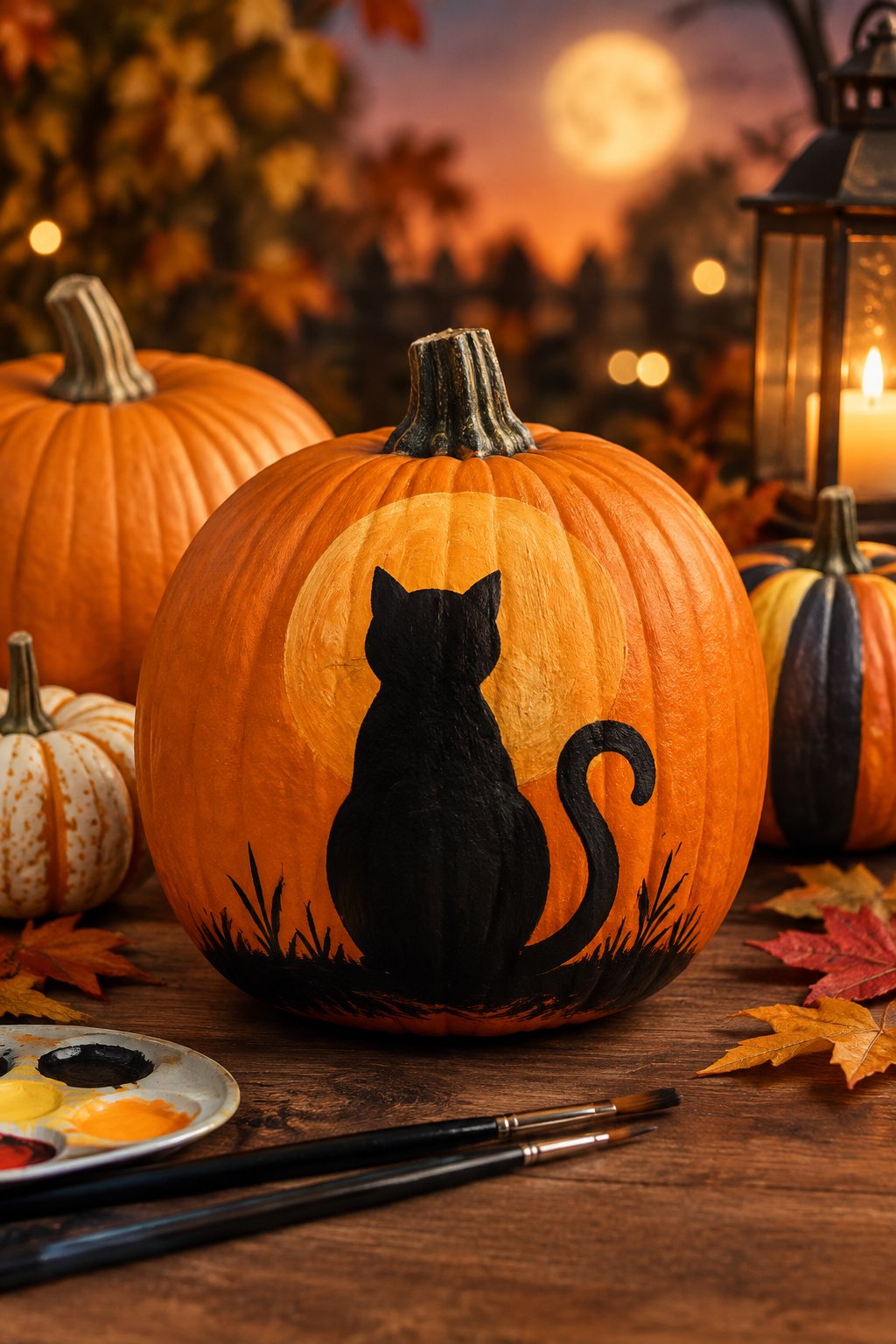 Black Cat Silhouette Scene - pumpkin painting contest ideas