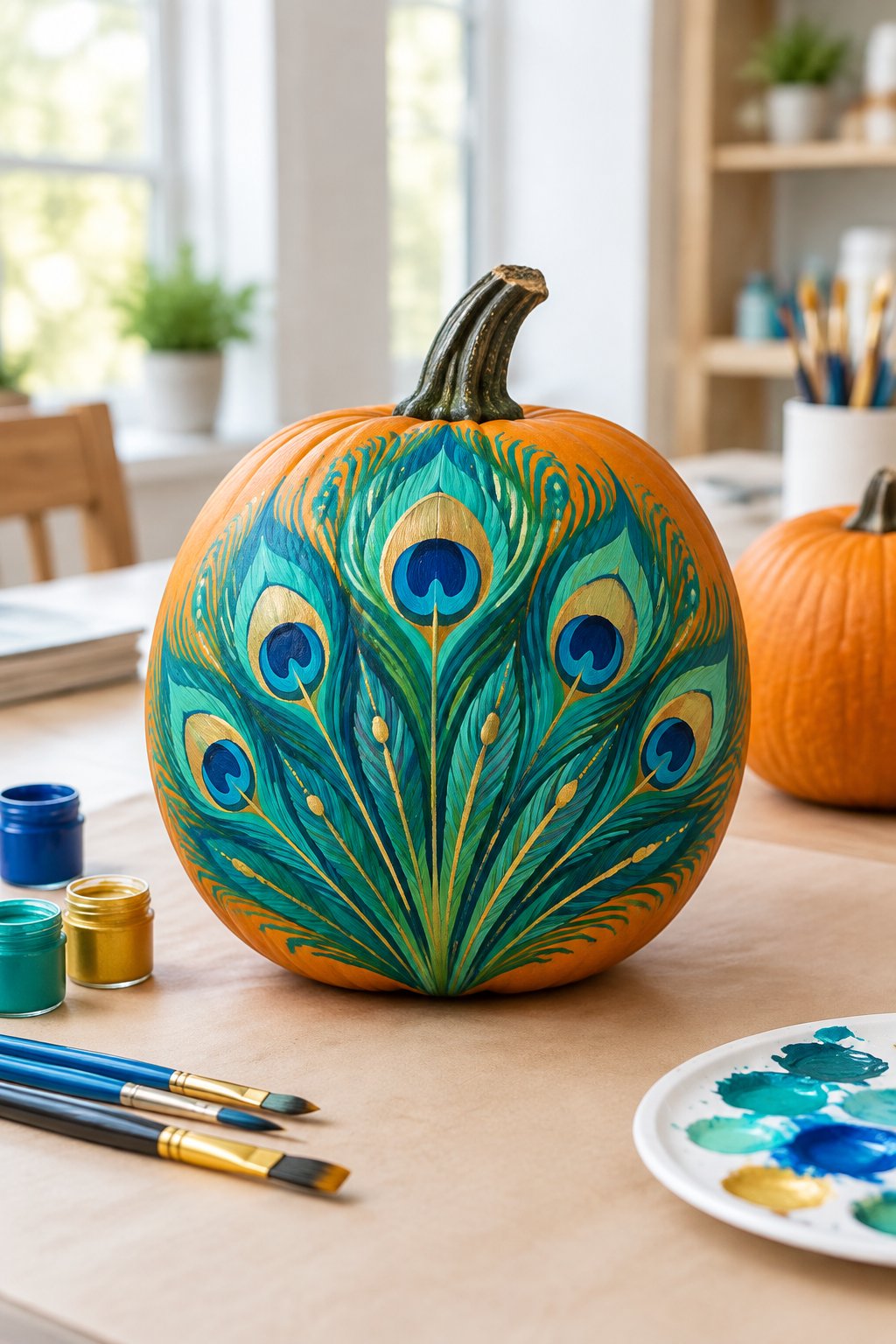 Peacock Feather Fan Design - pumpkin painting contest ideas