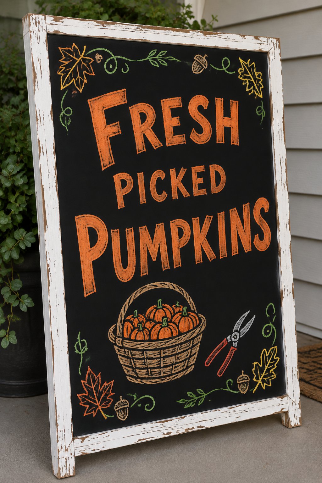 Pumpkin Picking Basket: a fall chalkboard sign reading "Fresh Picked Pumpkins", hand-drawn in chalk with a wicker basket filled with small pumpkins beside a pair of garden shears, no people.