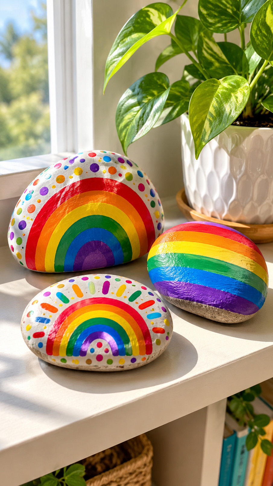 A painted rock featuring a colorful rainbow-striped hot air balloon against a sky-blue background.