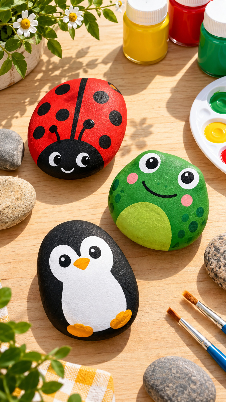 A rainbow toucan painted rock with bright yellow, black, orange, and blue details displayed among leafy green plants.