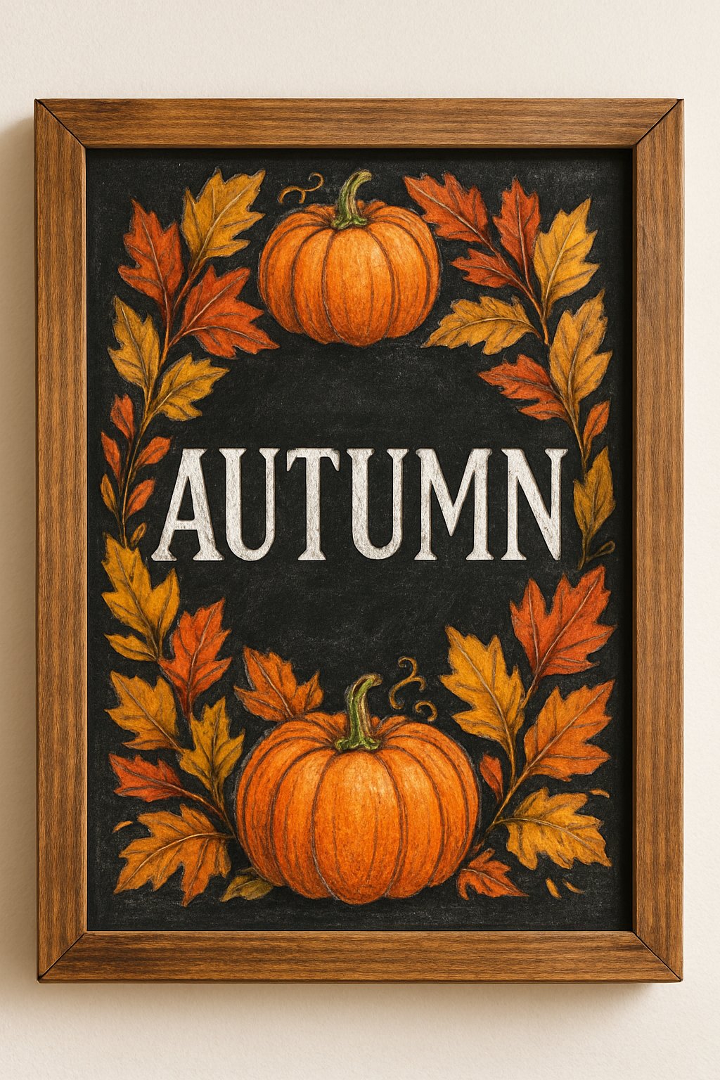 Ring of Pumpkins: a fall chalkboard sign framed by a ring of pumpkins and colorful maple leaves, no people.