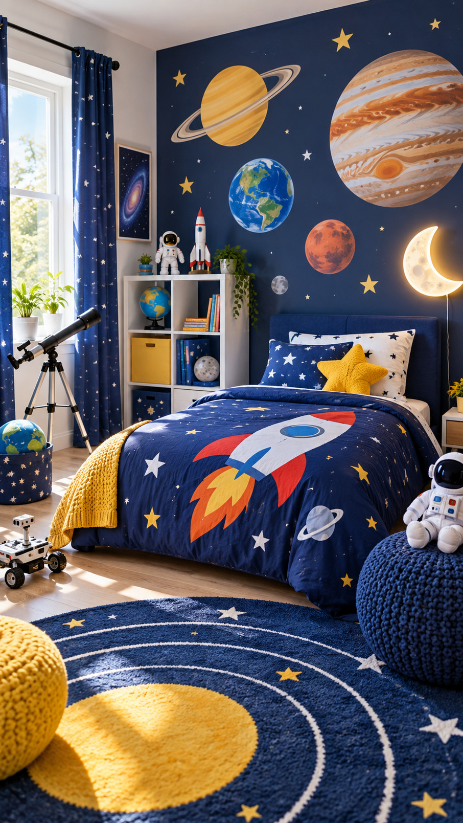 A rocket ship bookshelf with red, white, and navy details holds children’s space books in a themed bedroom.
