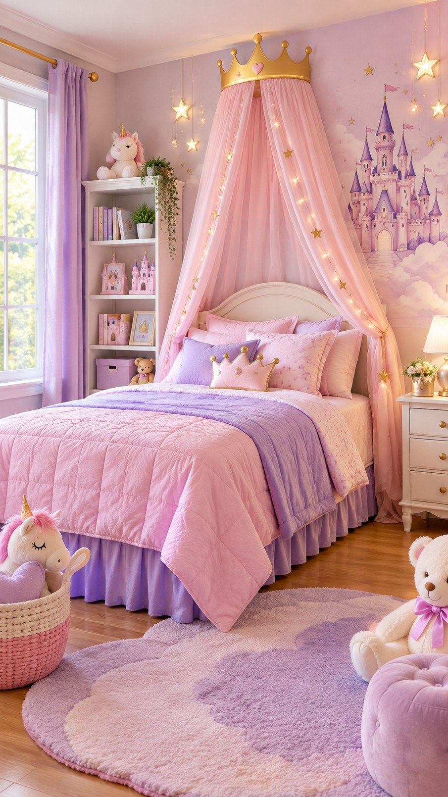 Gold crown-shaped wall sconces with soft pink shades illuminate a princess bedroom beside the bed.