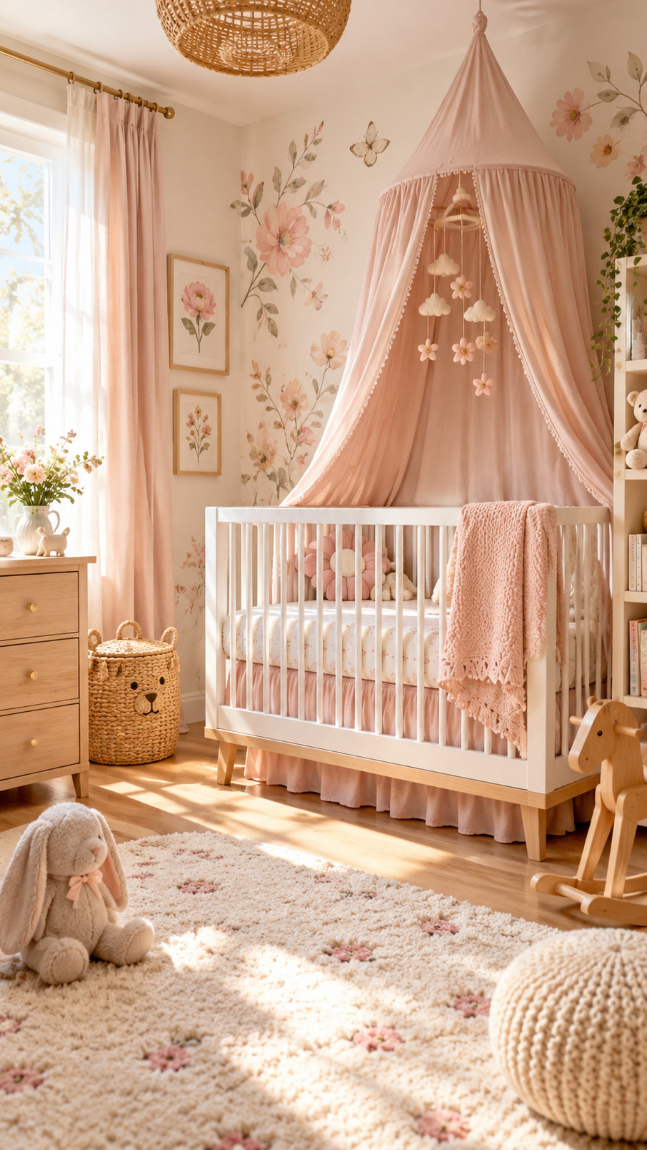 A ruffled crib skirt in soft blush fabric surrounds a white crib in a little girl's nursery.