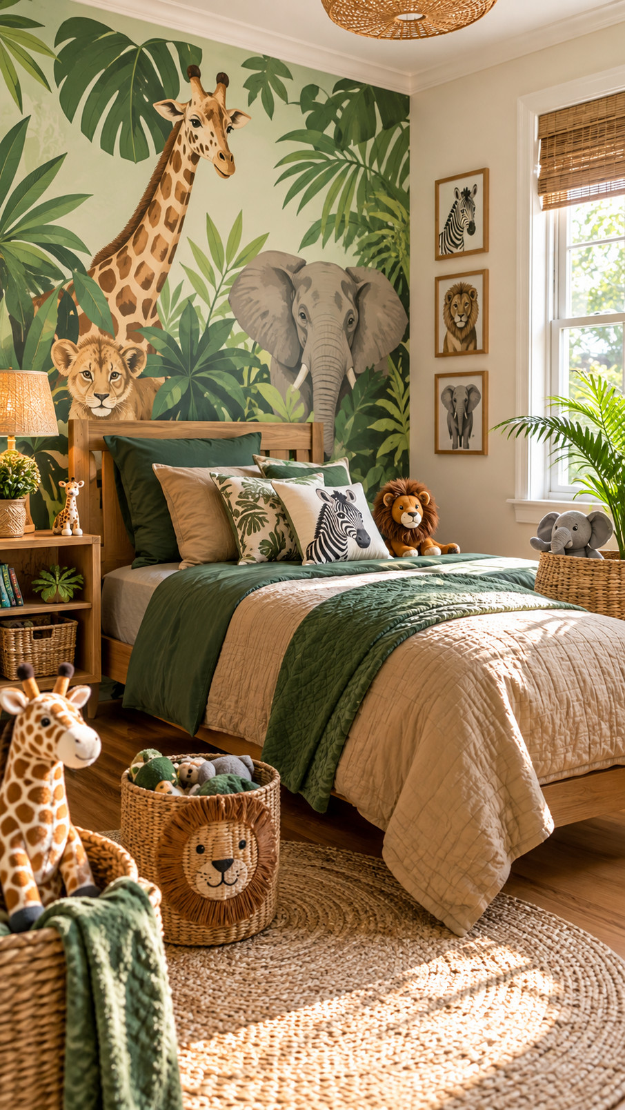 A safari animal lamp with a friendly animal silhouette glows beside a jungle-themed child's bed.