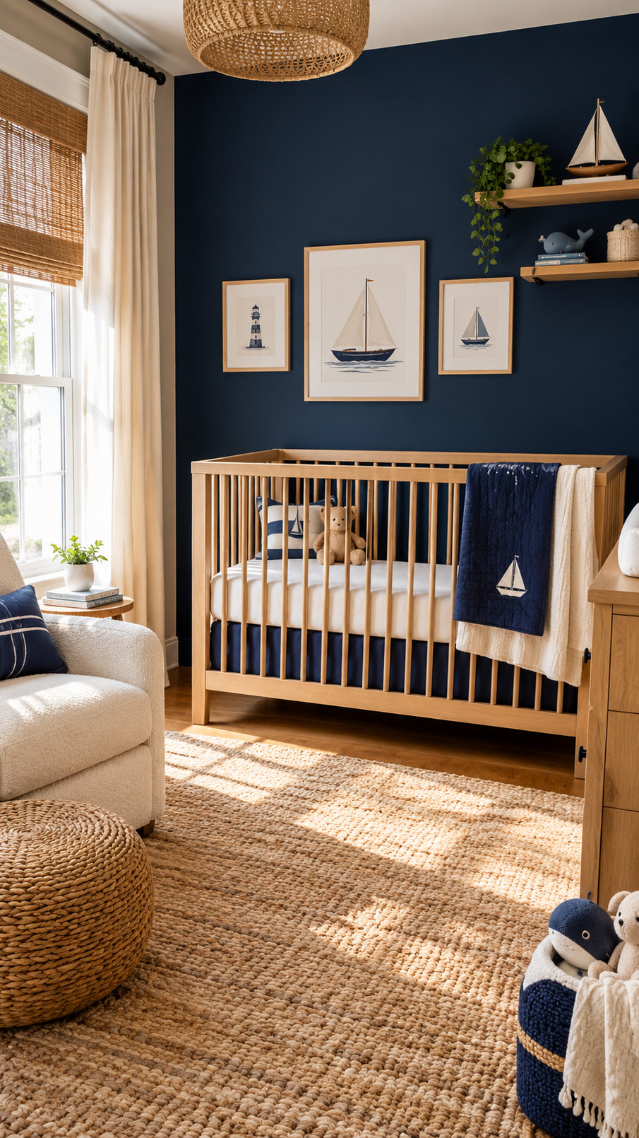 Photo of a navy sailboat crib mobile with tiny blue boats hanging above a cozy nursery crib.