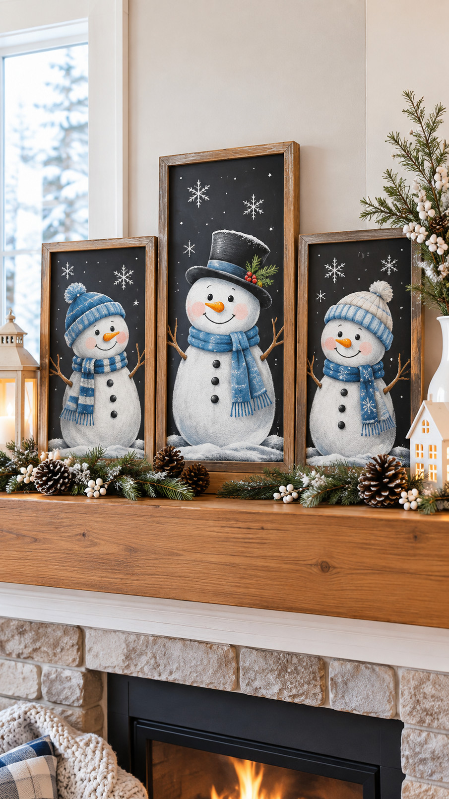 Photo of a snowflake snowman chalkboard drawing with white snowflakes, rosy cheeks, icy blue accents, and a cheerful smile.
