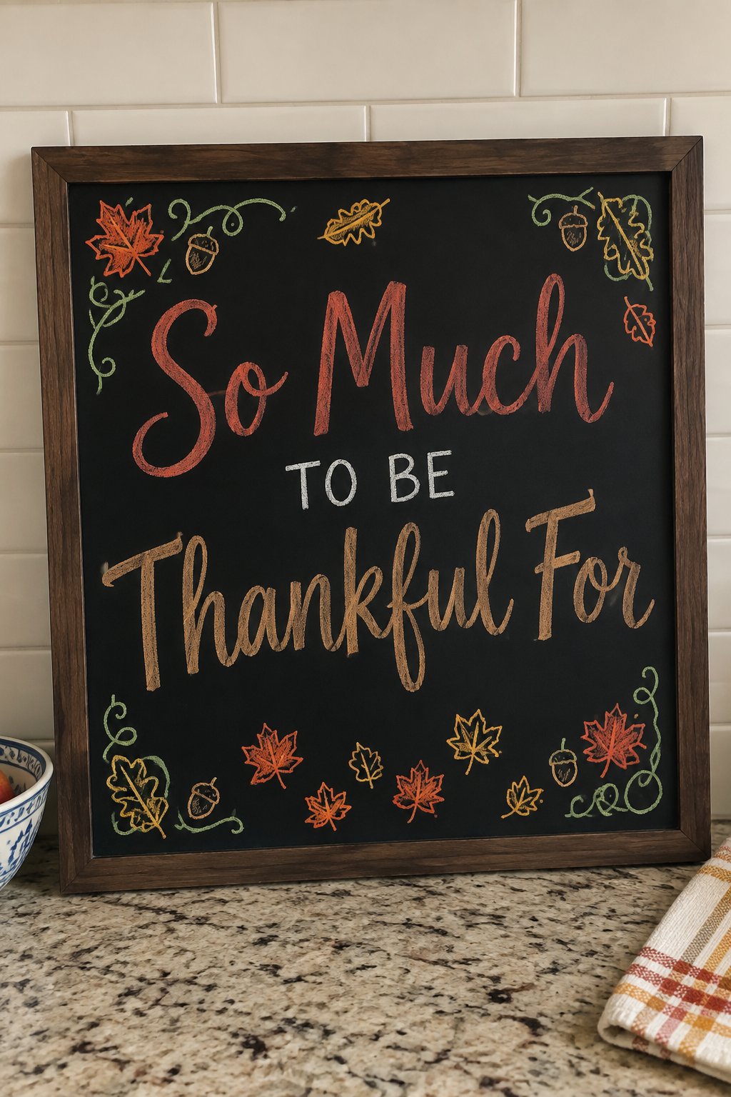 So Much to Be Thankful For: a framed Thanksgiving chalkboard sign reading "So Much to Be Thankful For", hand-drawn in chalk with a scatter of small maple leaves along the bottom edge.