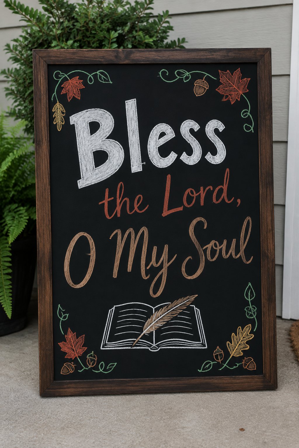 Soul's Thanksgiving: a framed Thanksgiving chalkboard sign reading "Bless the Lord, O My Soul", hand-drawn in chalk with a small open book with a feather resting across its pages.
