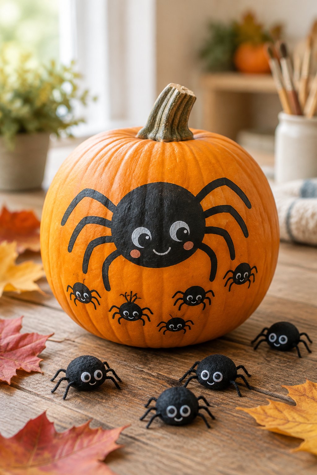 Mama and Baby Spiders - spider painted pumpkin