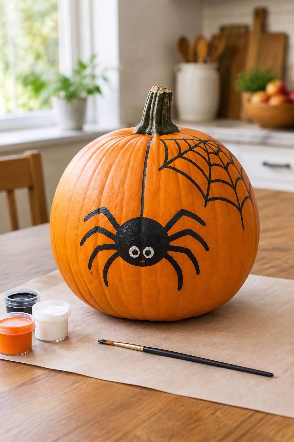 Kitchen Table Spider - spider painted pumpkin