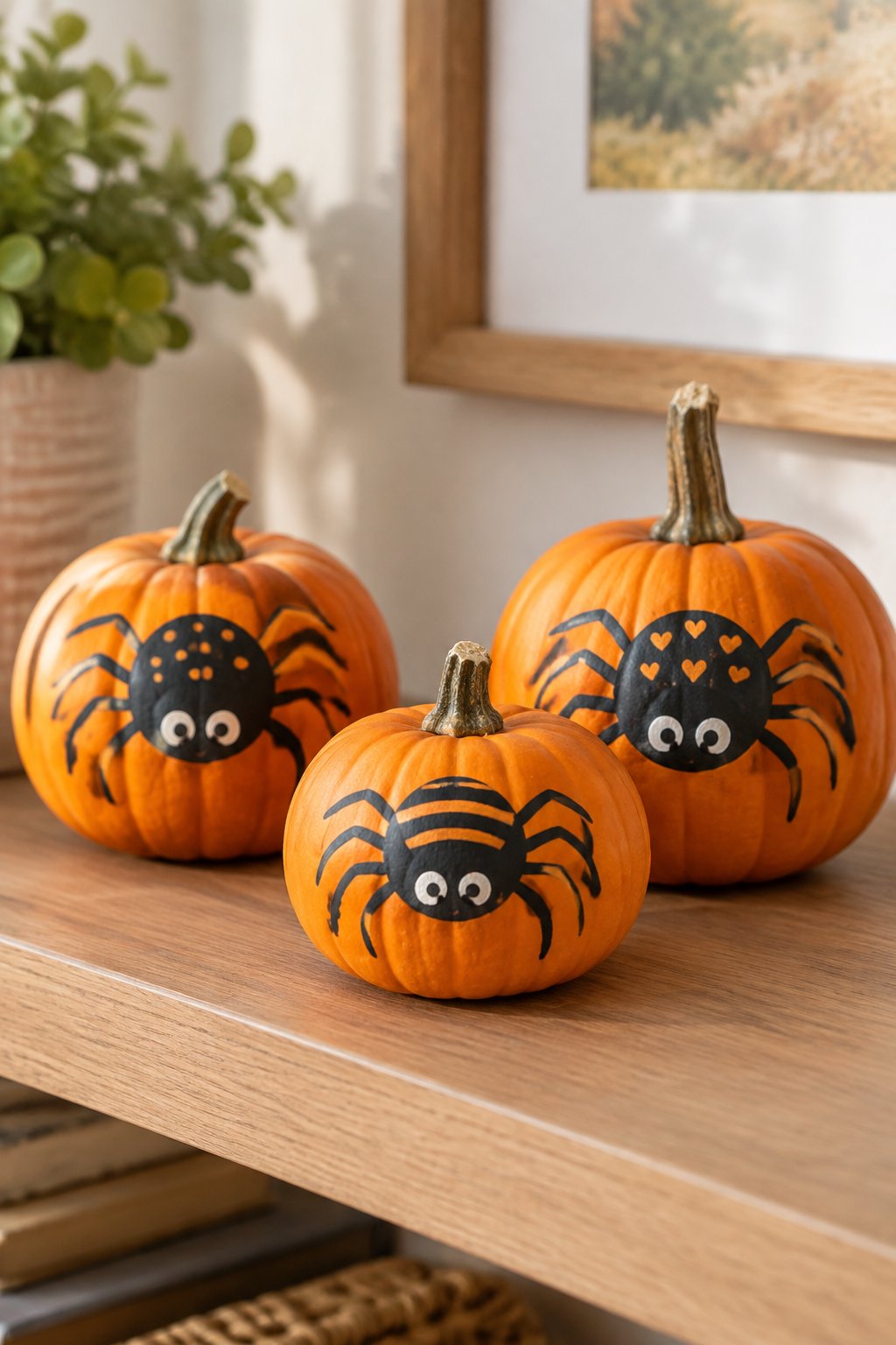 Shelf Spider Trio - spider painted pumpkin