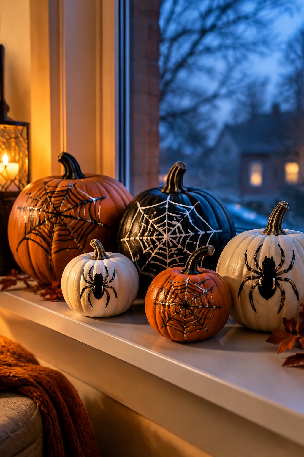 Windowsill Web Glow - spider painted pumpkin